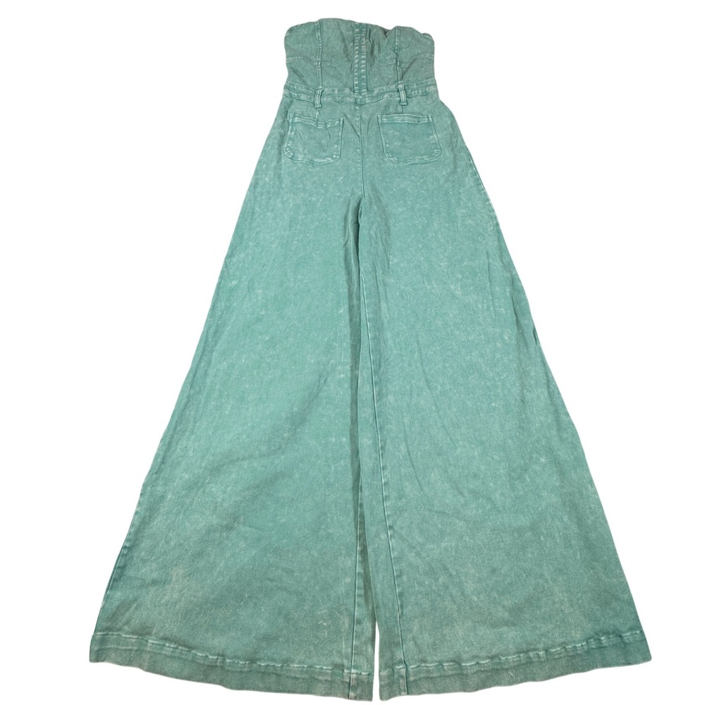 Y2K Wisteria Lane Strapless Wide Leg Denim Jumpsuit Teal Acid Wash L Boho Whimsy